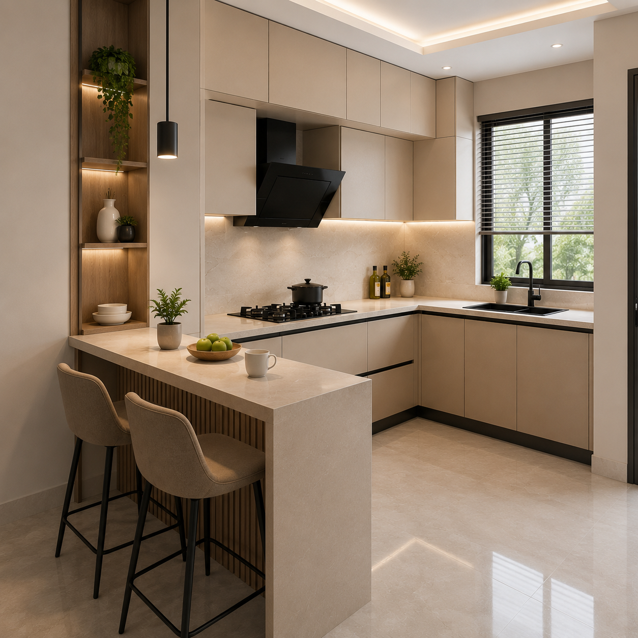 A narrow breakfast bar