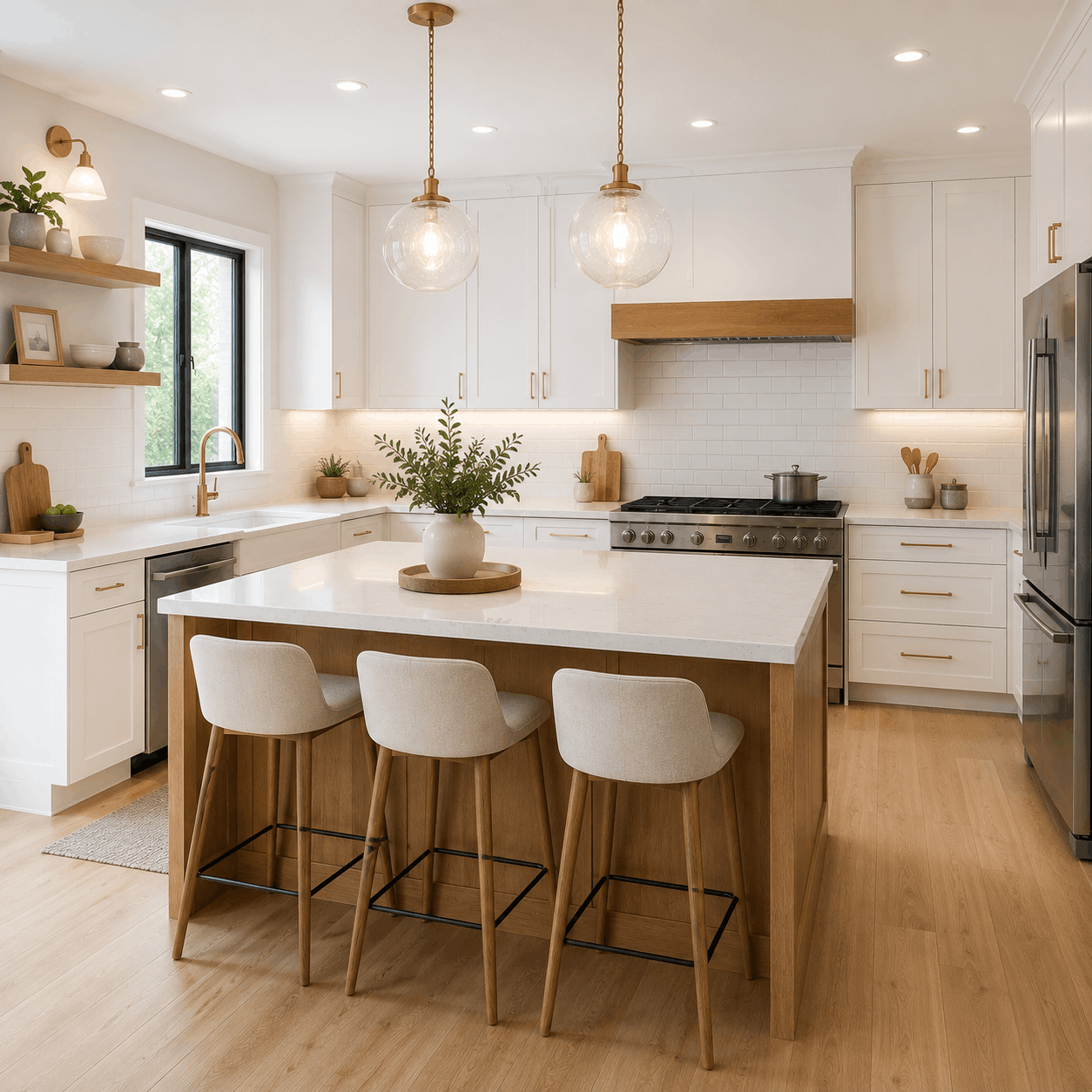 White Kitchen with Wood Island