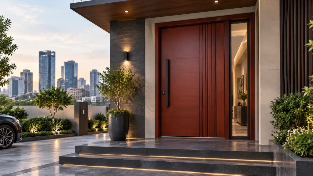 Modern Luxury Entrance with City Skyline